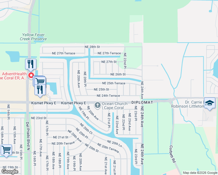 map of restaurants, bars, coffee shops, grocery stores, and more near 2112 Northeast 25th Terrace in Cape Coral