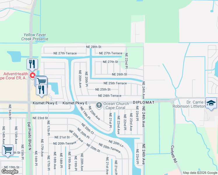 map of restaurants, bars, coffee shops, grocery stores, and more near 2112 Northeast 25th Terrace in Cape Coral