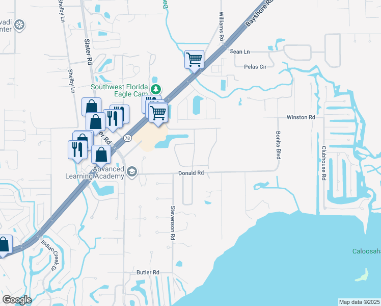 map of restaurants, bars, coffee shops, grocery stores, and more near 1011 Donald Road in North Fort Myers