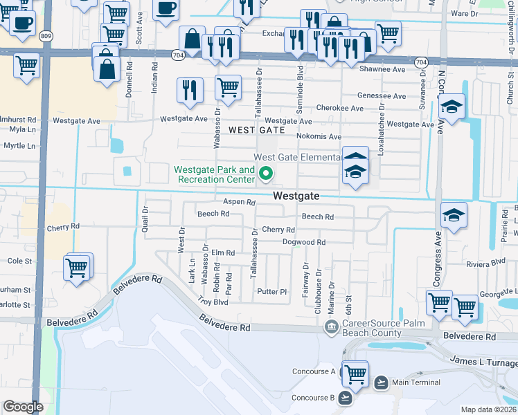map of restaurants, bars, coffee shops, grocery stores, and more near 708 Aspen Road in West Palm Beach