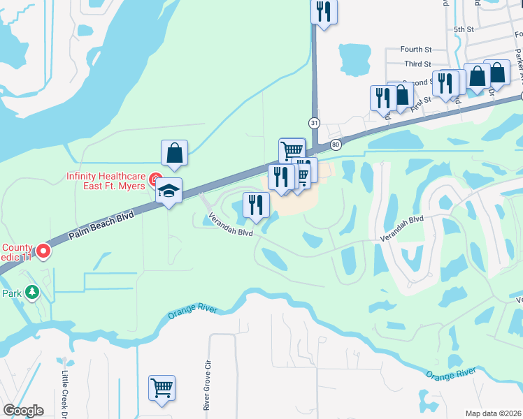 map of restaurants, bars, coffee shops, grocery stores, and more near 3181 Cottonwood Bend in Fort Myers