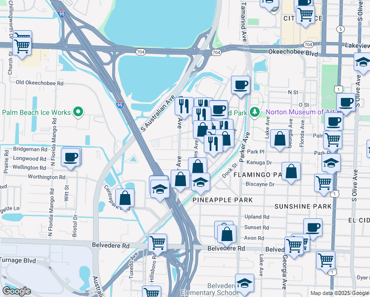 map of restaurants, bars, coffee shops, grocery stores, and more near 1215 Alpha Street in West Palm Beach