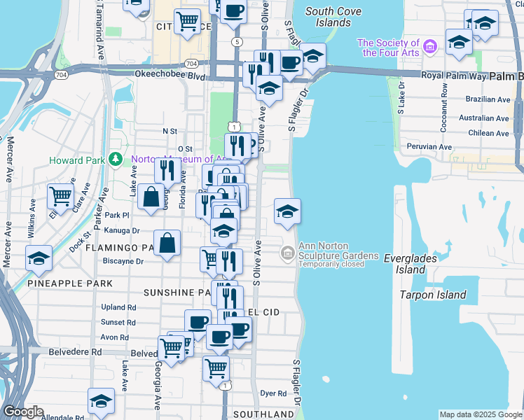 map of restaurants, bars, coffee shops, grocery stores, and more near 295 Queens Court in West Palm Beach