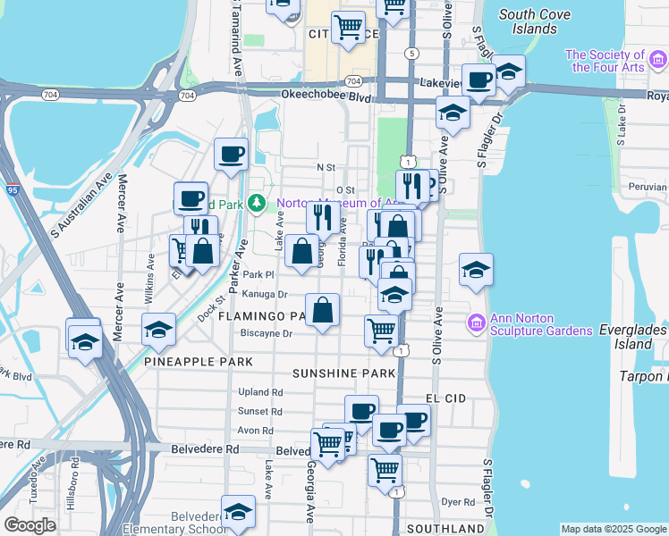map of restaurants, bars, coffee shops, grocery stores, and more near 626 Palm Street in West Palm Beach