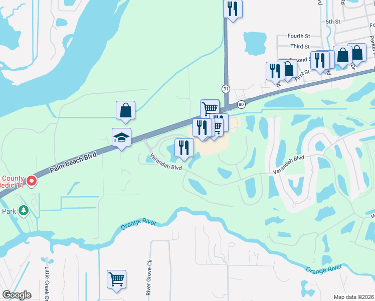 map of restaurants, bars, coffee shops, grocery stores, and more near 3211 Cottonwood Bend in Fort Myers