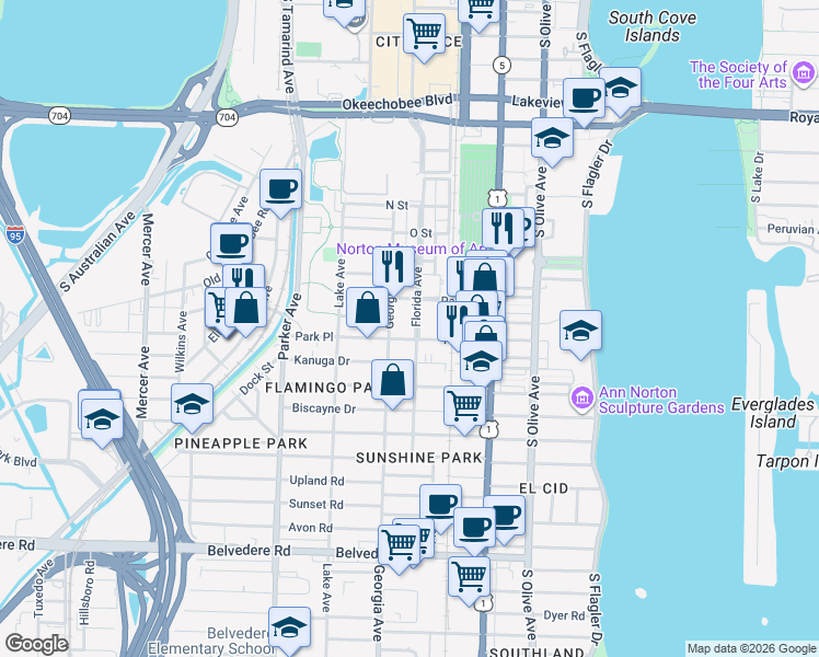 map of restaurants, bars, coffee shops, grocery stores, and more near 1711 Florida Avenue in West Palm Beach