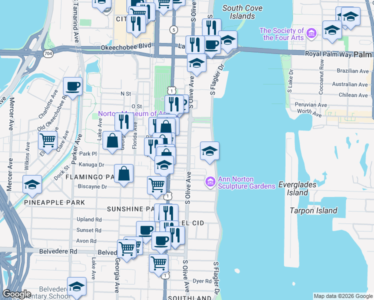 map of restaurants, bars, coffee shops, grocery stores, and more near 1701 South Olive Avenue in West Palm Beach