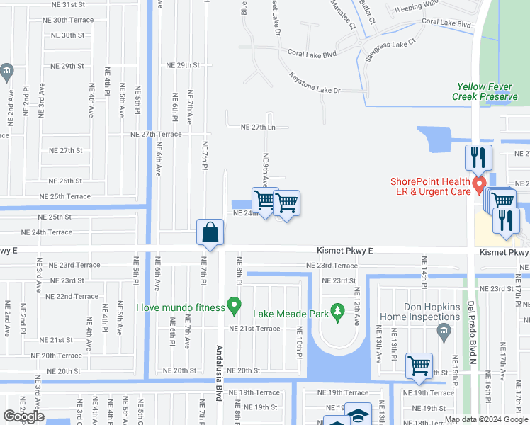 map of restaurants, bars, coffee shops, grocery stores, and more near 2400 Northeast 9th Avenue in Cape Coral