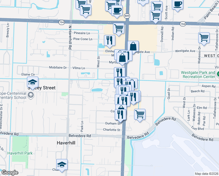 map of restaurants, bars, coffee shops, grocery stores, and more near 58 Ridgeway Drive in West Palm Beach