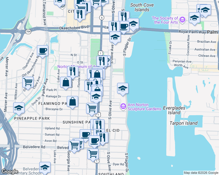 map of restaurants, bars, coffee shops, grocery stores, and more near 1701 South Olive Avenue in West Palm Beach