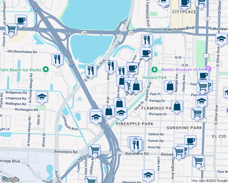 map of restaurants, bars, coffee shops, grocery stores, and more near 1215 Alpha Street in West Palm Beach