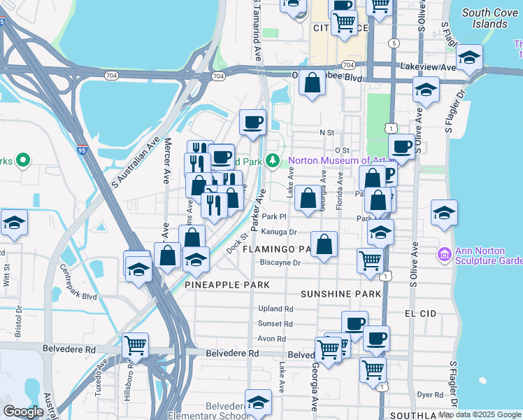 map of restaurants, bars, coffee shops, grocery stores, and more near 1718 Parker Avenue in West Palm Beach