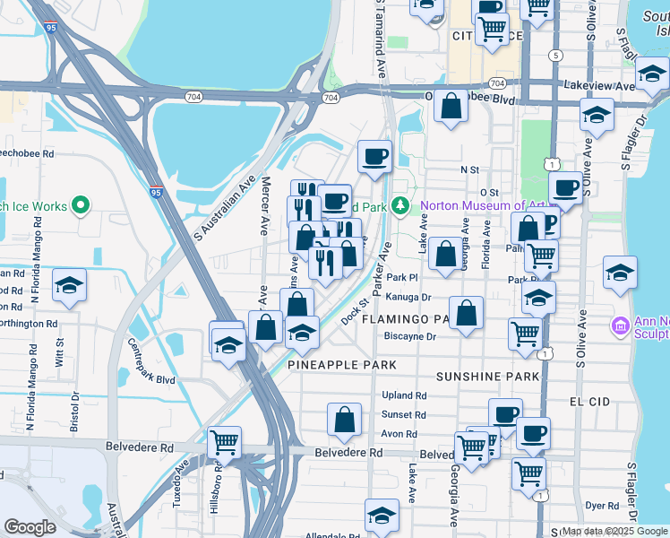 map of restaurants, bars, coffee shops, grocery stores, and more near 1300 Elizabeth Avenue in West Palm Beach