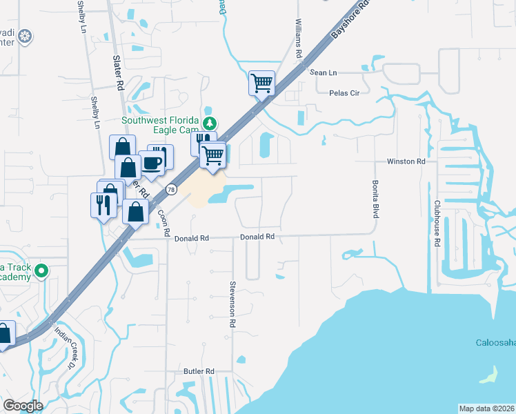map of restaurants, bars, coffee shops, grocery stores, and more near 1011 Donald Road in North Fort Myers
