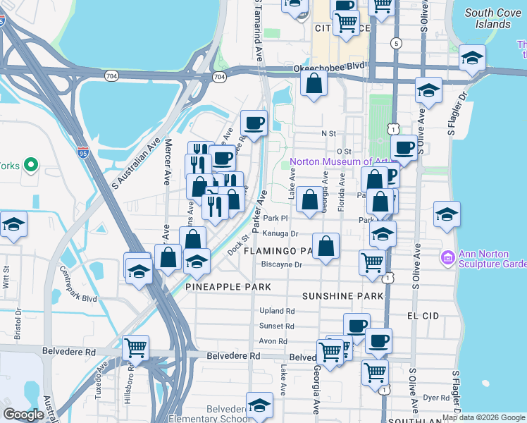 map of restaurants, bars, coffee shops, grocery stores, and more near 1304 Clare Avenue in West Palm Beach