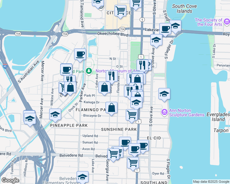 map of restaurants, bars, coffee shops, grocery stores, and more near 1707 Florida Avenue in West Palm Beach