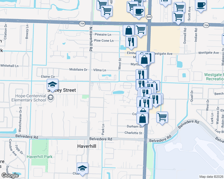 map of restaurants, bars, coffee shops, grocery stores, and more near 4894 Cherry Road in West Palm Beach