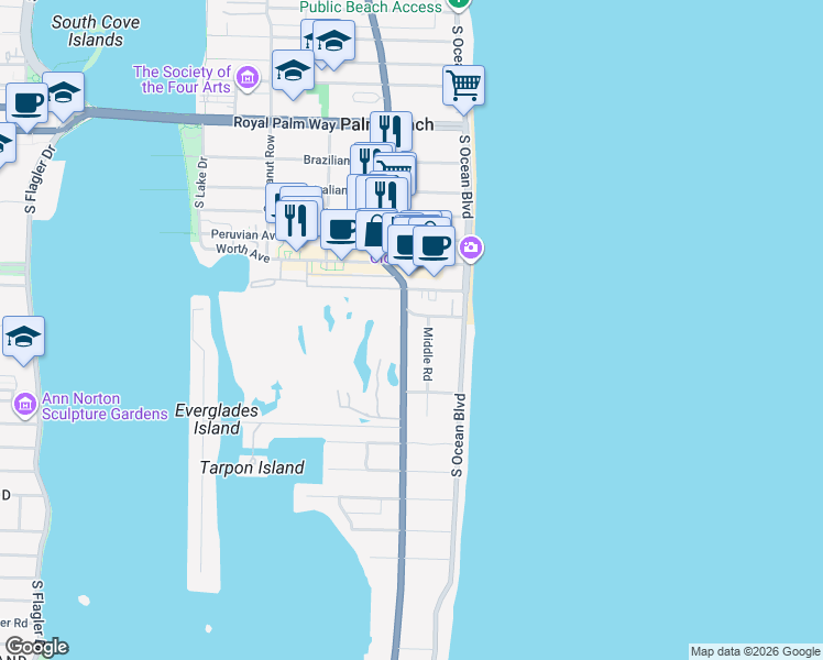 map of restaurants, bars, coffee shops, grocery stores, and more near 485 S County Rd in Palm Beach
