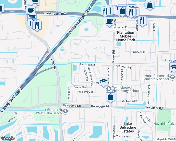 map of restaurants, bars, coffee shops, grocery stores, and more near 1401 Meadowbrook Drive in West Palm Beach