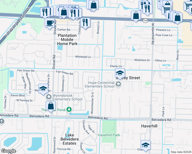 map of restaurants, bars, coffee shops, grocery stores, and more near 2664 Westchester Drive East in West Palm Beach