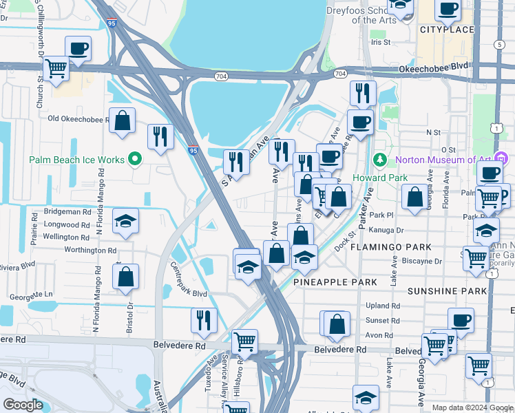 map of restaurants, bars, coffee shops, grocery stores, and more near 1319 Alpha Street in West Palm Beach