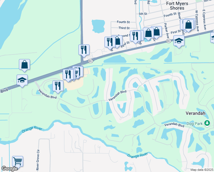 map of restaurants, bars, coffee shops, grocery stores, and more near 3081 Meandering Way in Fort Myers