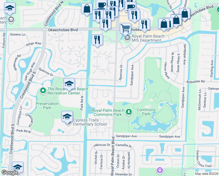 map of restaurants, bars, coffee shops, grocery stores, and more near 110 Village Walk Drive in Royal Palm Beach