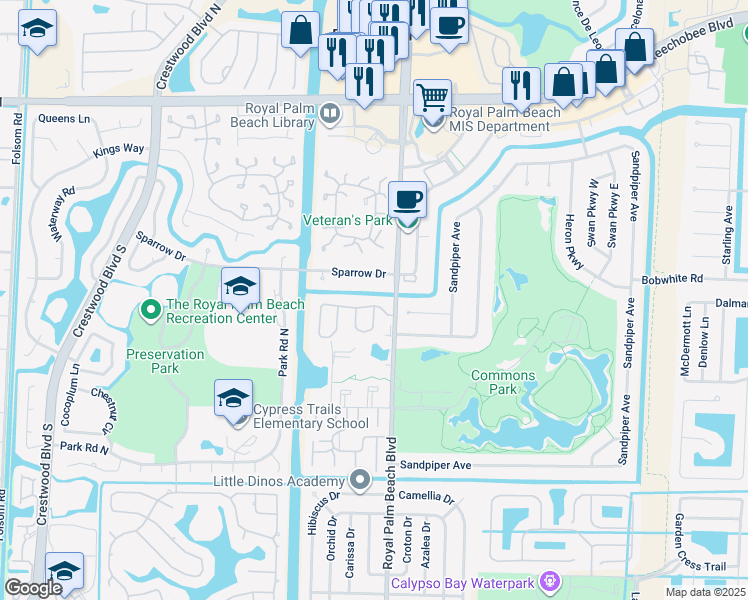 map of restaurants, bars, coffee shops, grocery stores, and more near 110 Village Walk Drive in Royal Palm Beach