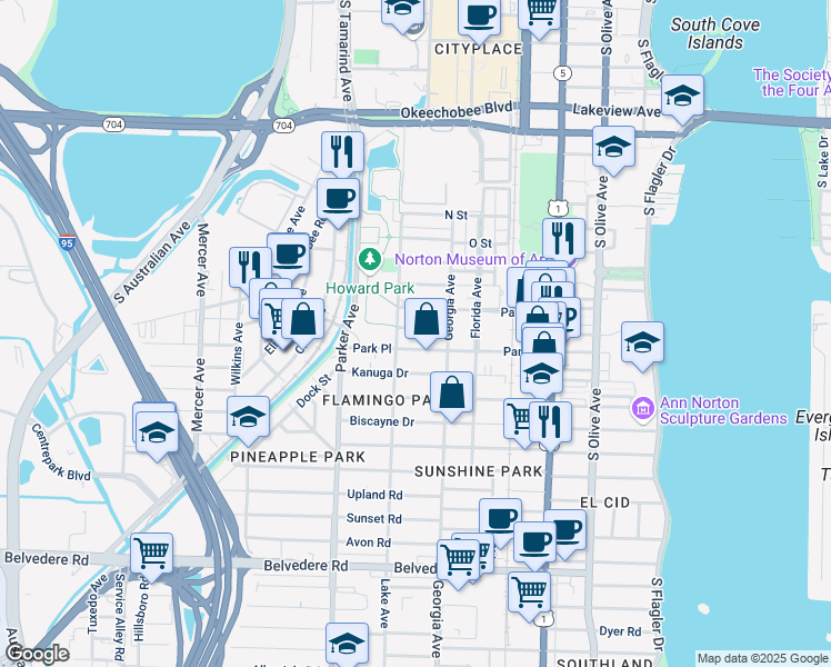 map of restaurants, bars, coffee shops, grocery stores, and more near 730 Penn Street in West Palm Beach