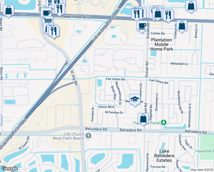 map of restaurants, bars, coffee shops, grocery stores, and more near 1414 Fair Green Road in West Palm Beach