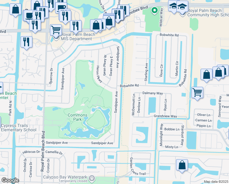 map of restaurants, bars, coffee shops, grocery stores, and more near 227 Sandpiper Avenue in Royal Palm Beach