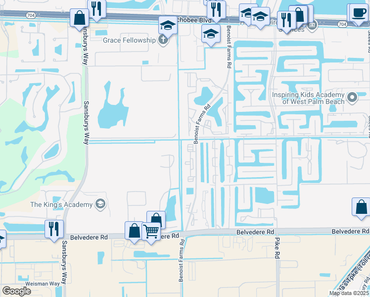 map of restaurants, bars, coffee shops, grocery stores, and more near 1239 Benoist Farms Road in Royal Palm Beach