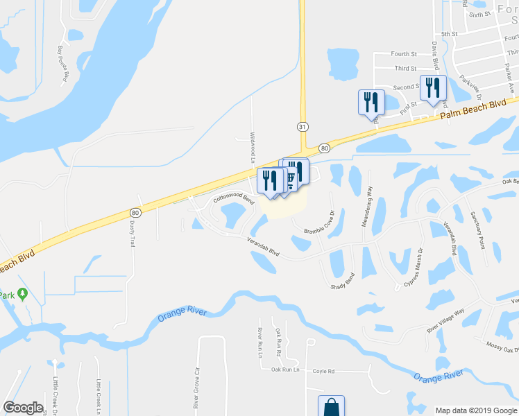 map of restaurants, bars, coffee shops, grocery stores, and more near 3190 Cottonwood Bend in Fort Myers