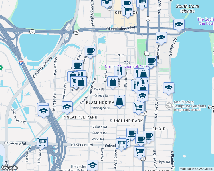 map of restaurants, bars, coffee shops, grocery stores, and more near 744 Penn Street in West Palm Beach