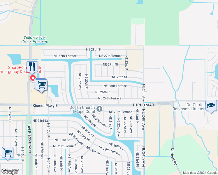 map of restaurants, bars, coffee shops, grocery stores, and more near 2112 Northeast 25th Terrace in Cape Coral