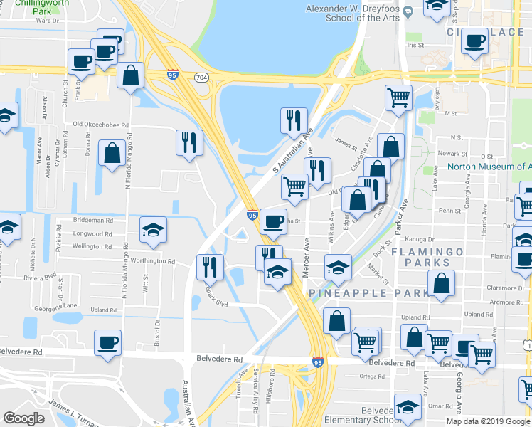 map of restaurants, bars, coffee shops, grocery stores, and more near 1626 Old Okeechobee Road in West Palm Beach