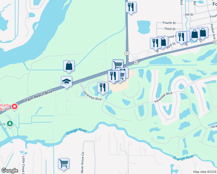 map of restaurants, bars, coffee shops, grocery stores, and more near 3190 Cottonwood Bend in Fort Myers