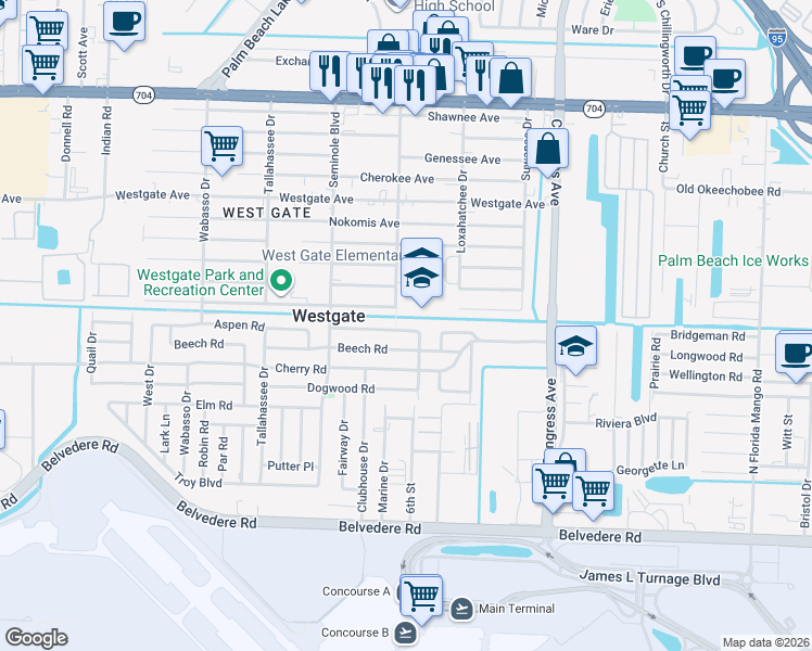 map of restaurants, bars, coffee shops, grocery stores, and more near 509 Aspen Road in West Palm Beach