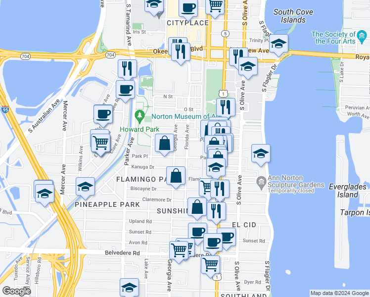 map of restaurants, bars, coffee shops, grocery stores, and more near 502 Palm Street in West Palm Beach