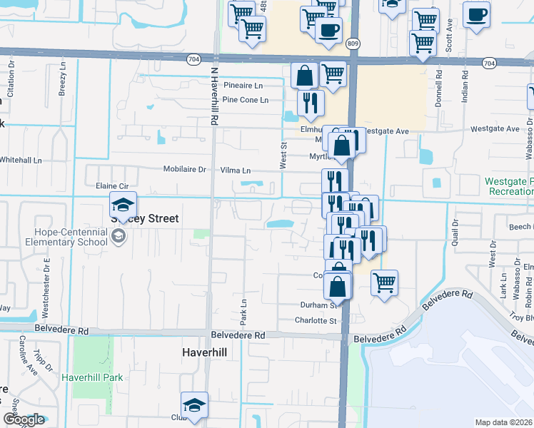 map of restaurants, bars, coffee shops, grocery stores, and more near 4894 Cherry Road in West Palm Beach