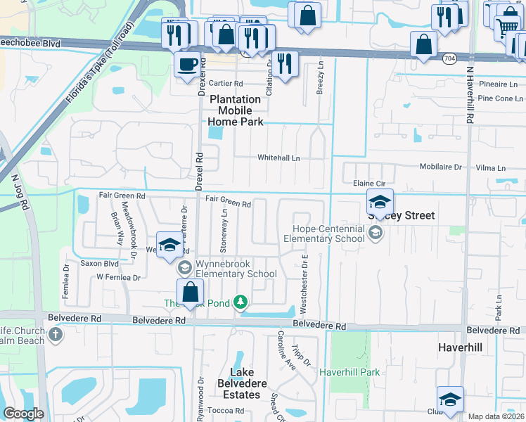 map of restaurants, bars, coffee shops, grocery stores, and more near 1414 Scottsdale Road East in West Palm Beach