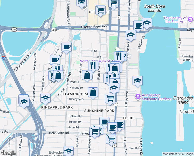 map of restaurants, bars, coffee shops, grocery stores, and more near 626 Palm Street in West Palm Beach