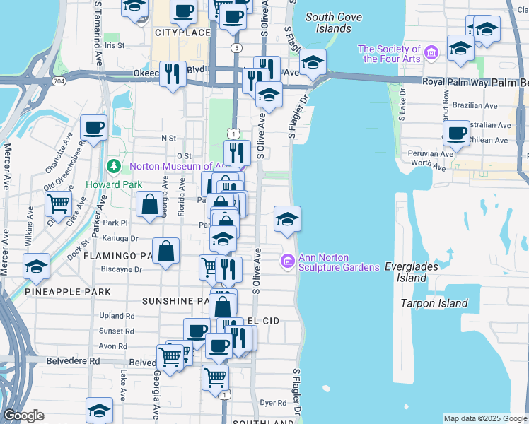 map of restaurants, bars, coffee shops, grocery stores, and more near 295 Queens Court in West Palm Beach