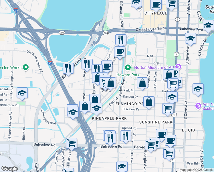 map of restaurants, bars, coffee shops, grocery stores, and more near 1300 Elizabeth Avenue in West Palm Beach