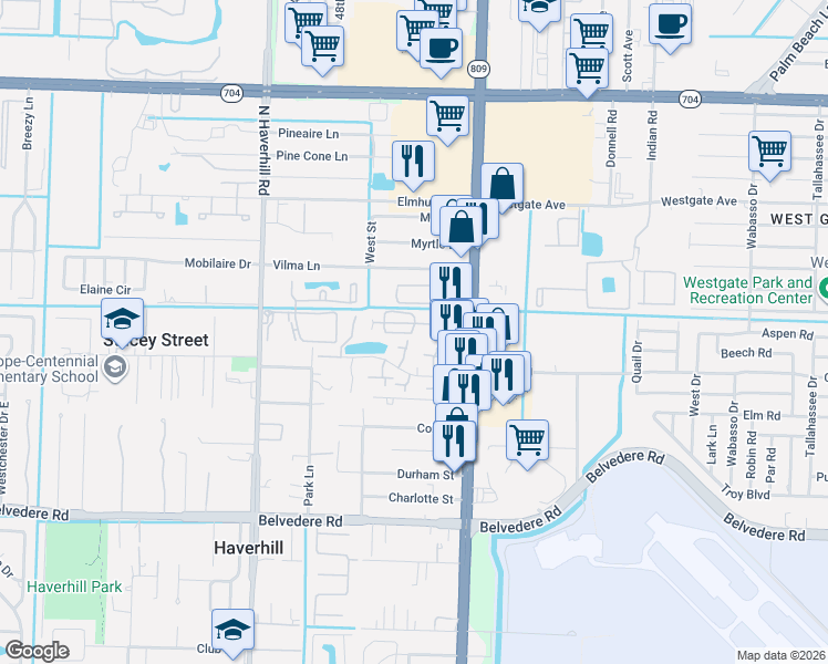 map of restaurants, bars, coffee shops, grocery stores, and more near 58 Ridgeway Drive in West Palm Beach