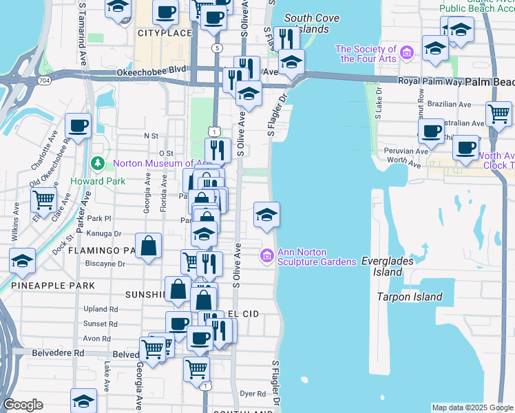 map of restaurants, bars, coffee shops, grocery stores, and more near 1701 South Flagler Drive in West Palm Beach