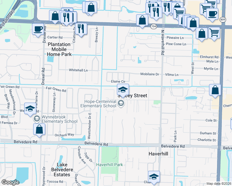 map of restaurants, bars, coffee shops, grocery stores, and more near 1430 North Stacy Street in West Palm Beach