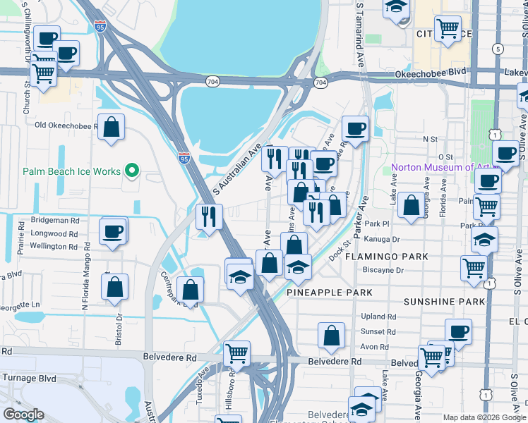 map of restaurants, bars, coffee shops, grocery stores, and more near 1319 Alpha Street in West Palm Beach