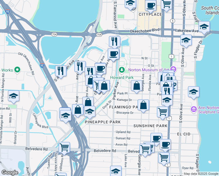 map of restaurants, bars, coffee shops, grocery stores, and more near 1304 Clare Avenue in West Palm Beach