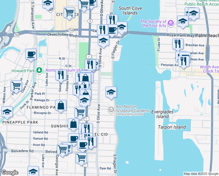 map of restaurants, bars, coffee shops, grocery stores, and more near 1701 South Flagler Drive in West Palm Beach